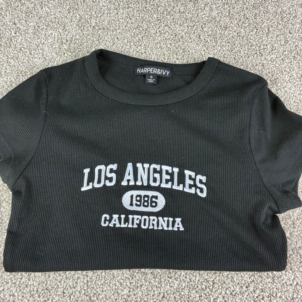 Harper & Ivy Los Angeles California Y2K Ribbed‎ Graphic Tee T Shirt Black Size S